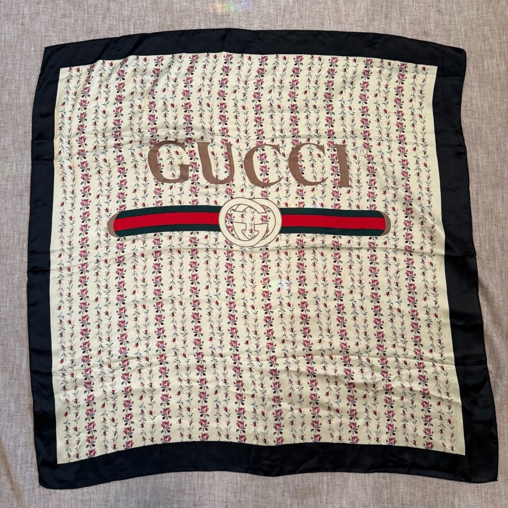 Gucci Silk Square Scarf Ivory Black Rose Floral Stripe Interlocking G Logo Auth